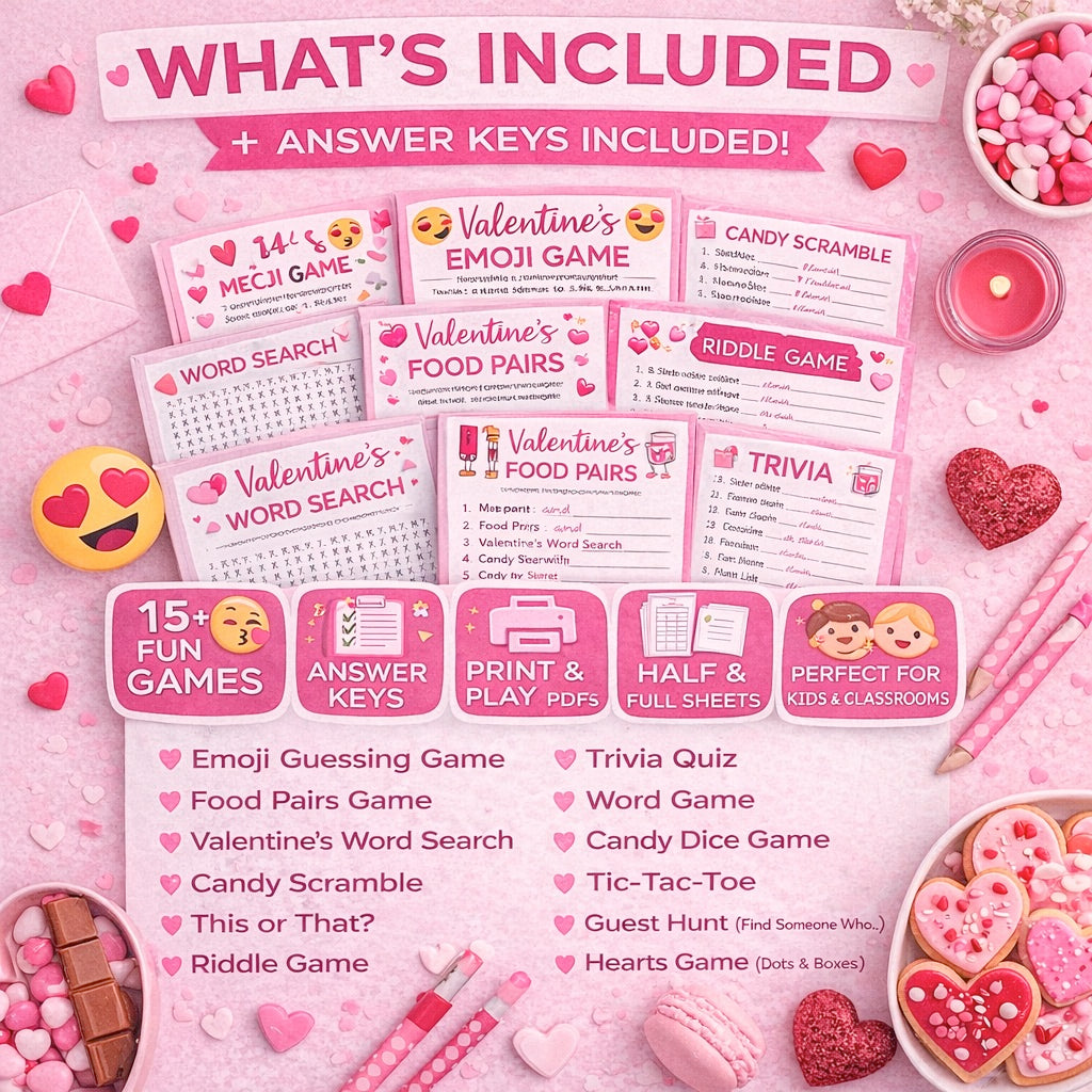 Valentine’s Day Printable Games Bundle (15+ Fun Activities)