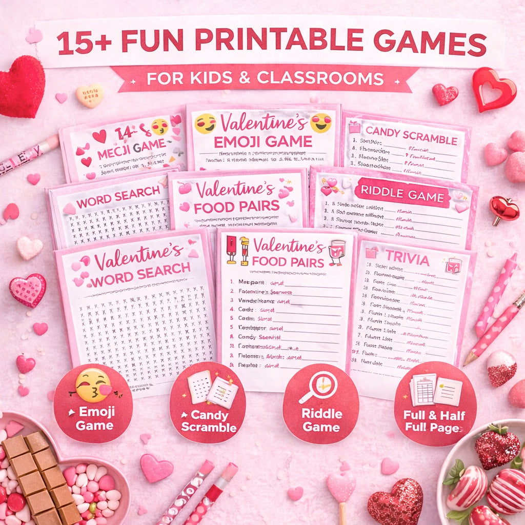 Valentine’s Day Printable Games Bundle (15+ Fun Activities)