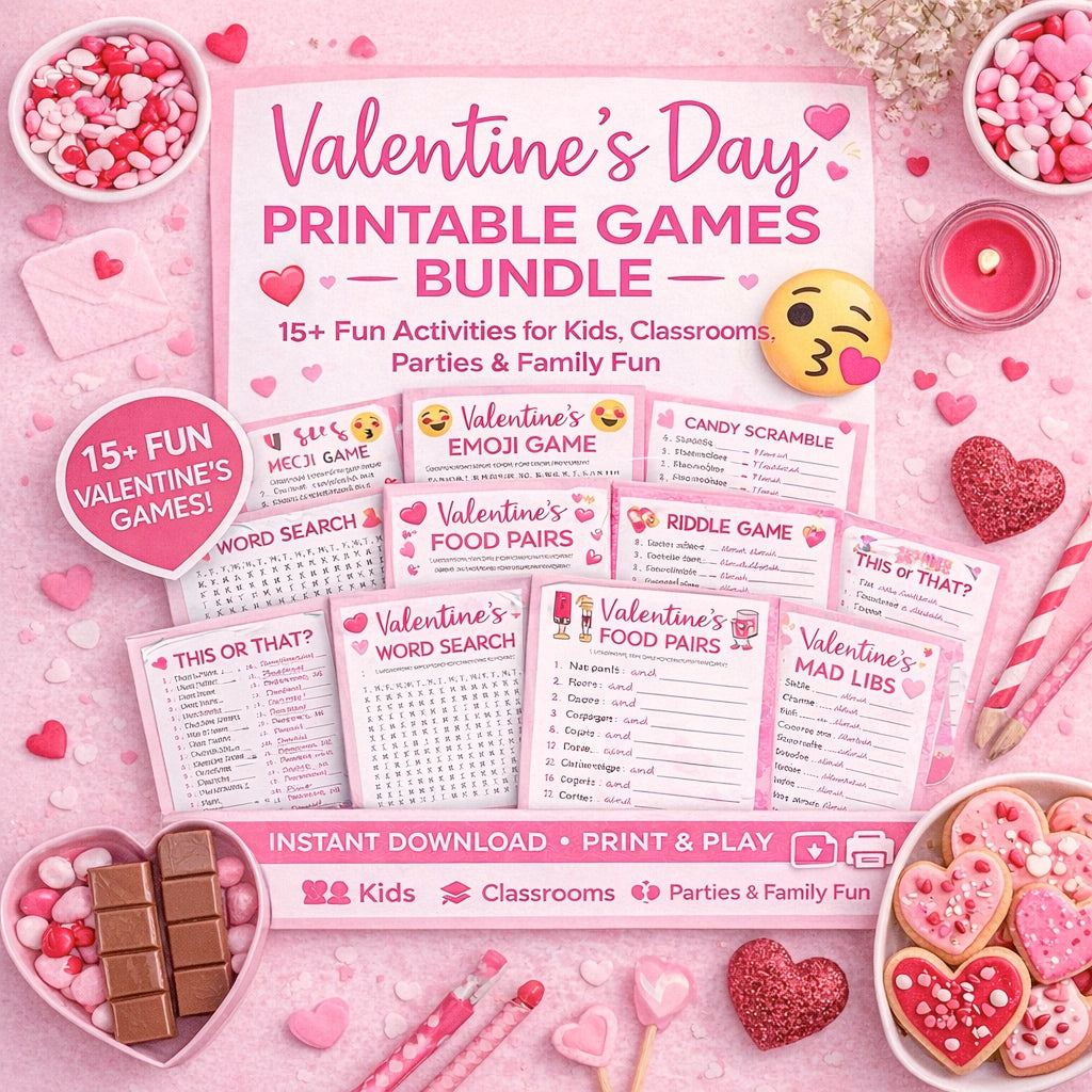 Valentine’s Day Printable Games Bundle (15+ Fun Activities)